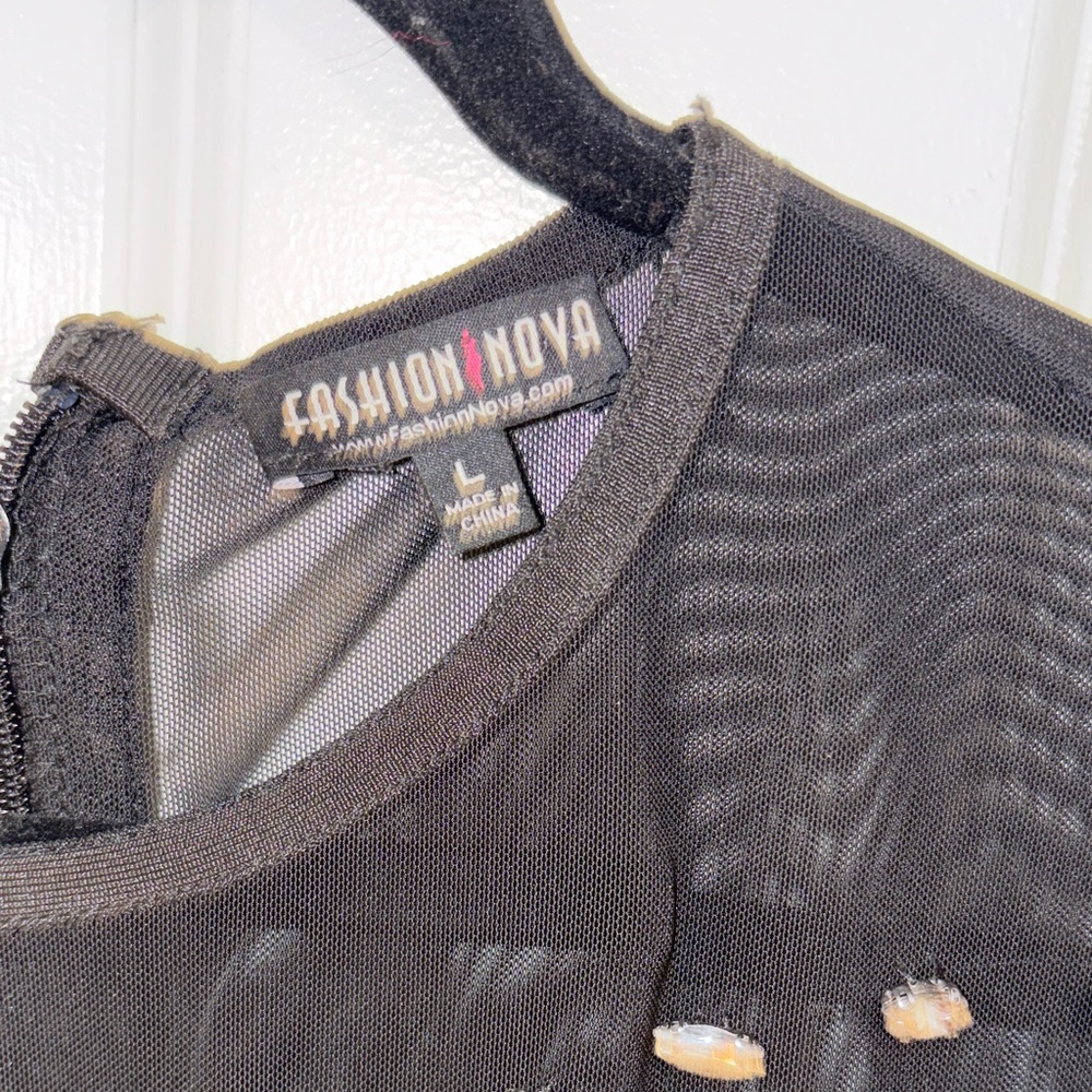Sexy Black Mesh Rhinestone Dress Size L Sheer Long Sleeve Clubwear - Picture 2 of 5